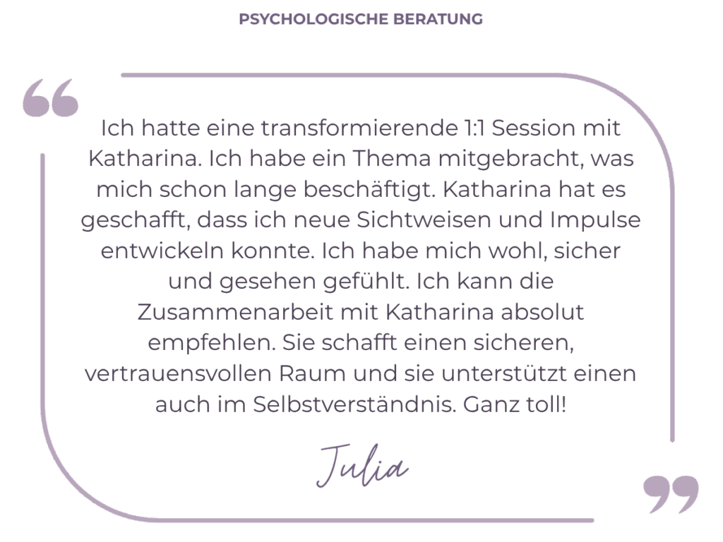 Ich hatte eine transformierende 1:1 Session mit Katharina. Ich habe ein Thema mitgebracht, was mich schon lange beschäftigt. Katharina hat es geschafft, dass ich neue Sichtweisen und Impulse entwickeln konnte. Ich habe mich wohl, sicher und gesehen gefühlt. Ich kann die Zusammenarbeit mit Katharina absolut empfehlen. Sie schafft einen sicheren, vertrauensvollen Raum und sie unterstützt einen auch im Selbstverständnis. Ganz toll!